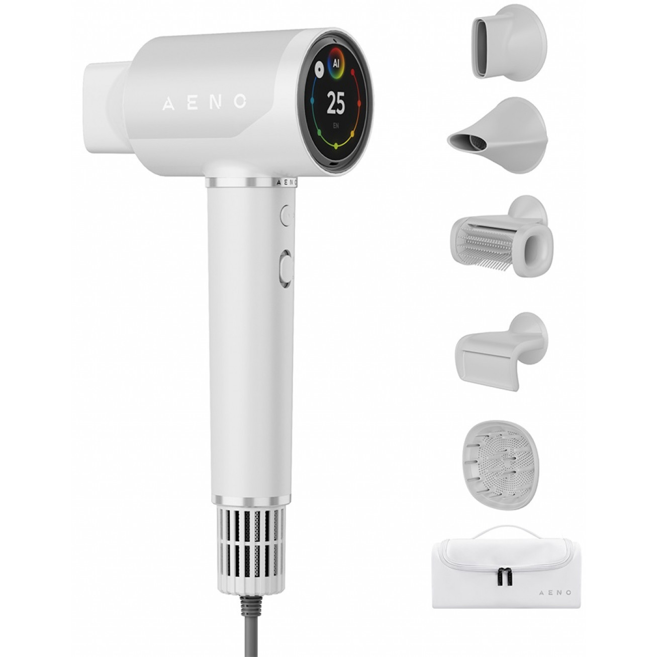 Uscător de păr cu motor fără perii AI AENO HD5 AHD0005W, 1500W, 2 viteze, 3 trepte, 67 dB, Control vocal, Alb