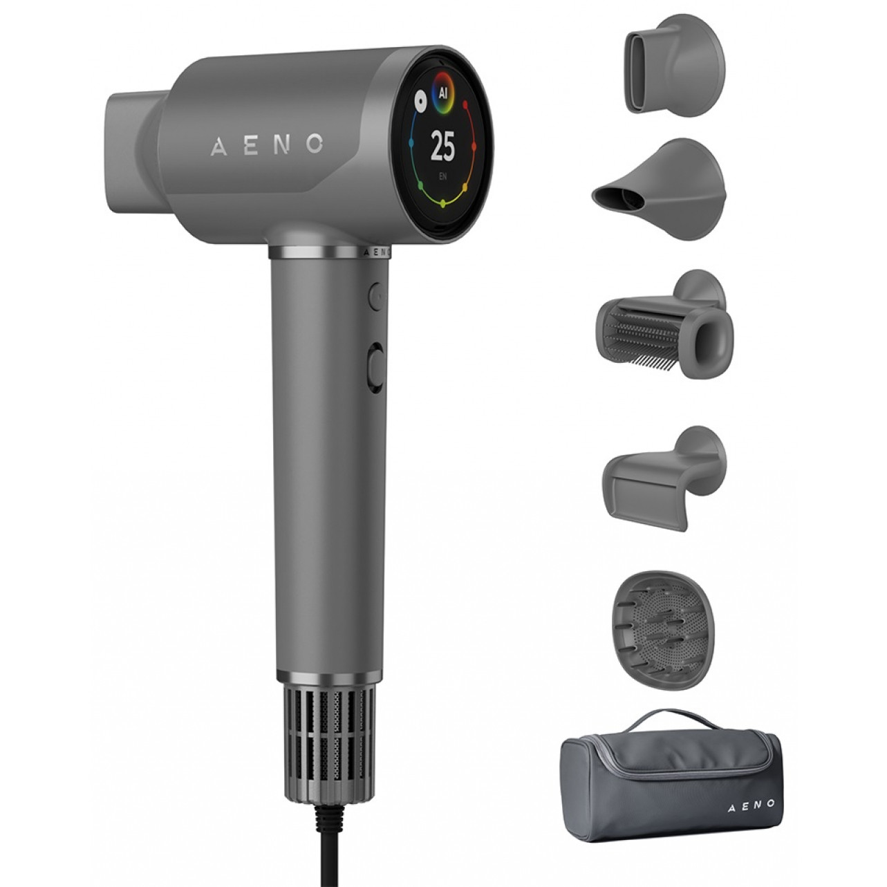 Сешоар с безчетков мотор AI AENO HD5 AHD0005G, 1500W, 2 скорости, 3 нива, 67 dB, Гласов контрол, Сив