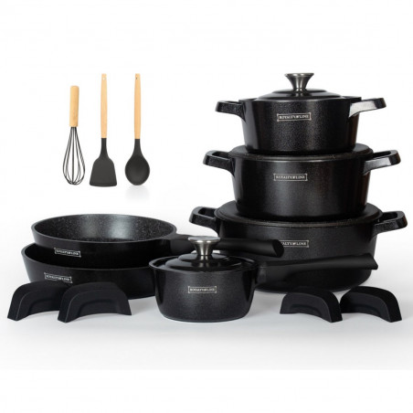 Set de oale și tigăi Royalty Line Premium set de oale și tigăi RL-OS1014M, 17 h, Turnat, Acoperire din marmură Greblon, Inducție, Negru