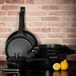 Royalty Line Premium RL-OS1014B Cookware Set, 17 pcs, Cast Iron, Greblon Marble Coating, Induction Compatible, Black