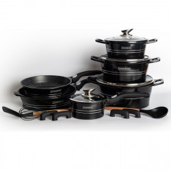Σετ κατσαρόλες και τηγάνια Royalty Line RL-ES2014M Shiny Black, 14 τεμαχίων, με μαρμάρινη επίστρωση, κατάλληλο για επαγωγικές εστίες, Μαύρο