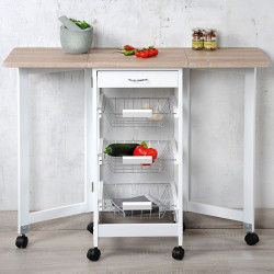 Carucior cu rafturi si blat pentru bucatarie extensibil KESPER 25817, 2 extensii pliabile, Frane pe rotite, Alb/Maro