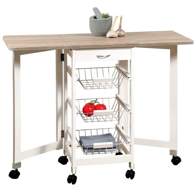 Carucior cu rafturi si blat pentru bucatarie extensibil KESPER 25817, 2 extensii pliabile, Frane pe rotite, Alb/Maro