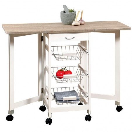 Carucior cu rafturi si blat pentru bucatarie extensibil KESPER 25817, 2 extensii pliabile, Frane pe rotite, Alb/Maro