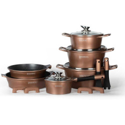 Σετ μαγειρικά σκεύη Royalty Line RL-ES1014M Copper, Χυτοπρεσαριστό αλουμίνιο, 14 τεμαχίων, Επαγωγή, Μαρμάρινη επίστρωση, Χάλκινο χρώμα