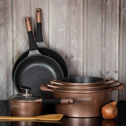 Σετ μαγειρικά σκεύη Royalty Line RL-ES1014M Copper, Χυτοπρεσαριστό αλουμίνιο, 14 τεμαχίων, Επαγωγή, Μαρμάρινη επίστρωση, Χάλκινο χρώμα