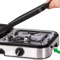 Gratar electric First Austria FA-5346, 2000W, 2 zone independente, Termostat, Acoperire antiaderenta, Tava de grasime, Negru/inox