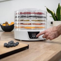Уред за сушене на плодове First Austria FA-5126-8, 380W, 5 нива, Без BPA, Термостат, Регулируем таймер, 35 до 70C, Бял