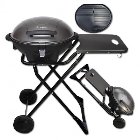 Gratar electric First Austria FA-5350-1, 2400W, Termostat, Termometru, Placa antiaderenta, Alimentare impermeabila, Roti, Negru