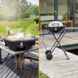 Електрическо барбекю First Austria FA-5350-1, 2400W, Термостат, Термометър, Незалепваща плоча, Водоустойчиво захранване, Колела, Черен