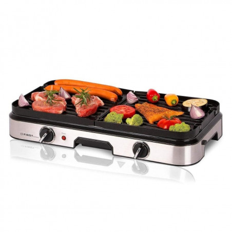 Gratar electric First Austria FA-5346, 2000W, 2 zone independente, Termostat, Acoperire antiaderenta, Tava de grasime, Negru/inox