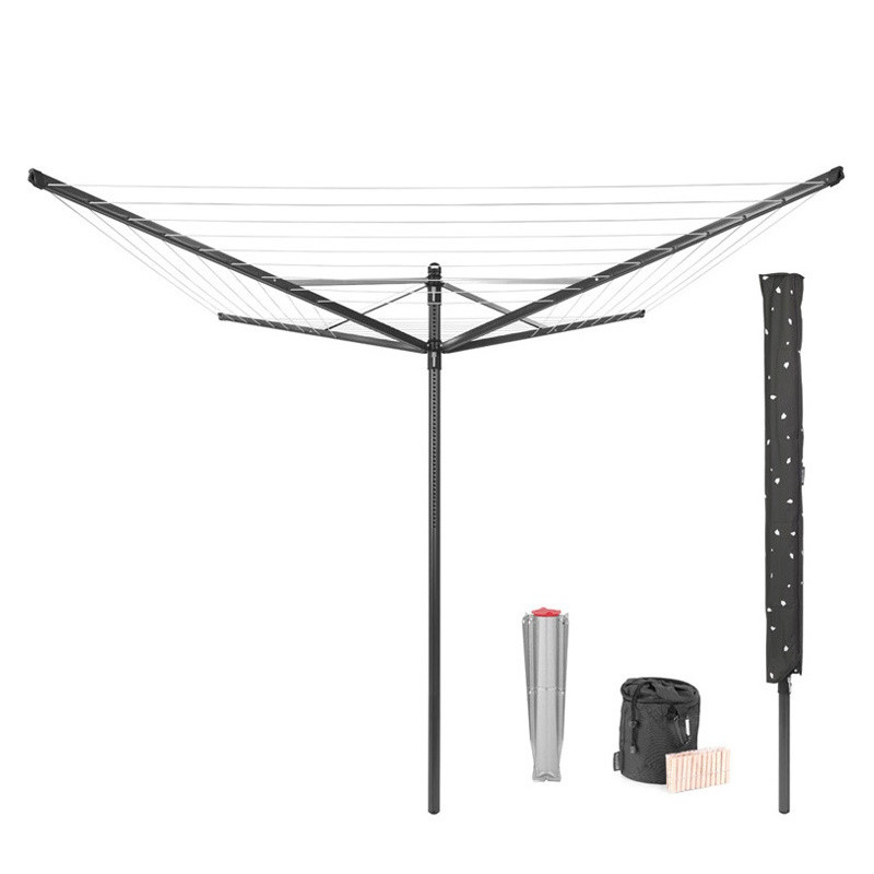 Brabantia Lift-O-Matic Outdoor Clothesline 1003467, 50 m, Height-adjustable, Metal ground spike, Cover, Bag with clothespins, Corrosion-resistant, Black