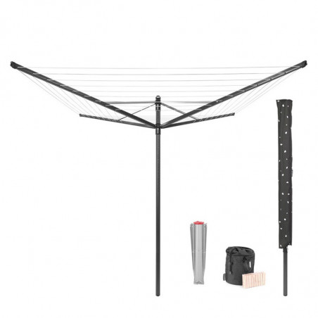 Външен простор Brabantia Lift-O-Matic 1003467, 50 м, Регулируема височина, Метален шиш за вкопаване, Калъф, Торба с щипки, Резистентен на корозия, Черен