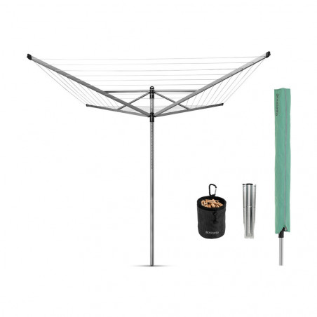 Suport exterior Brabantia Lift-O-Matic 1003466, 50 m, înălțime reglabilă, țeapă metalică pentru fixare în pământ, husă, sac cu agrafe, rezistent la coroziune, oțel inoxidabil