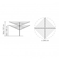 Външен простор Brabantia Lift-O-Matic Advance 90300253, 50 м, Регулируема височина, Котва за бетониране, Калъф, Торба с щипки, Резистентен на корозия, Инокс