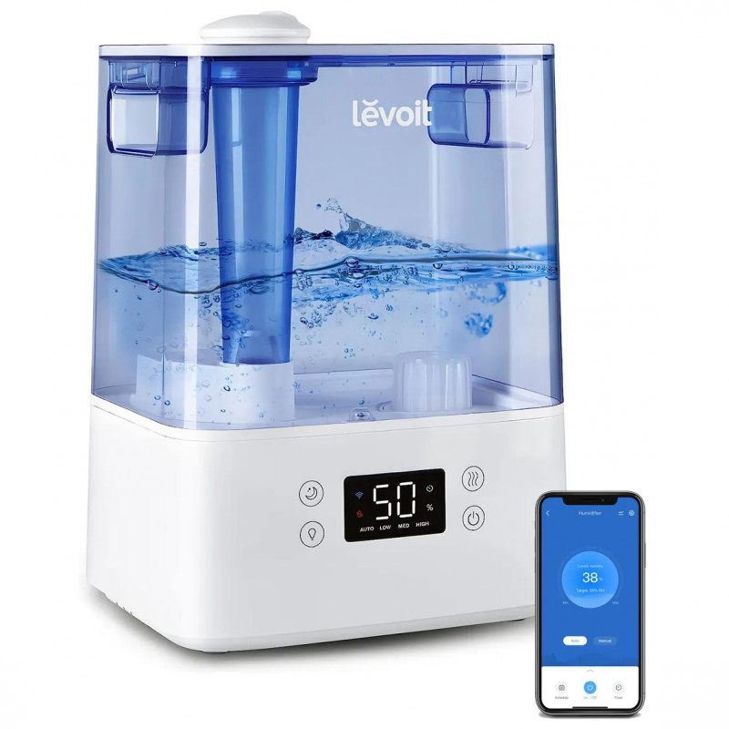 Υγραντήρας αέρα υπερήχων Levoit Classic 300S, 47 m2, 26W, 6 L, Smart, WiFi, Φωνητικές εντολές, Αυτονομία 60 h, Λευκό/μπλε