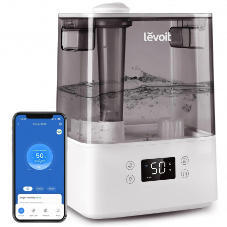 Levoit Classic 300S Ultrasonic Smart Humidifier, 47 m², 26 W, 6 L, Smart, WiFi, Voice Control, 60-Hour Run Time, White/Gray