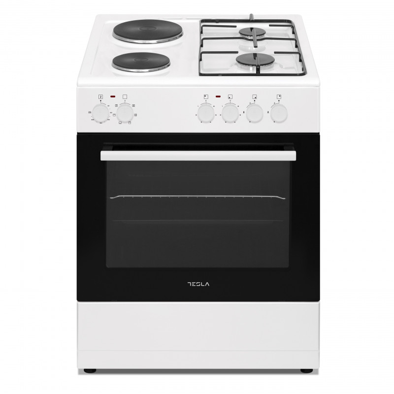 Aragaz electric combinat cu gaz Tesla CM6220SW, 8.1 kW, 56 L, Clasa A, 2 plite gaz, 2 plite electrice, Grill, 40-240°C, Alb