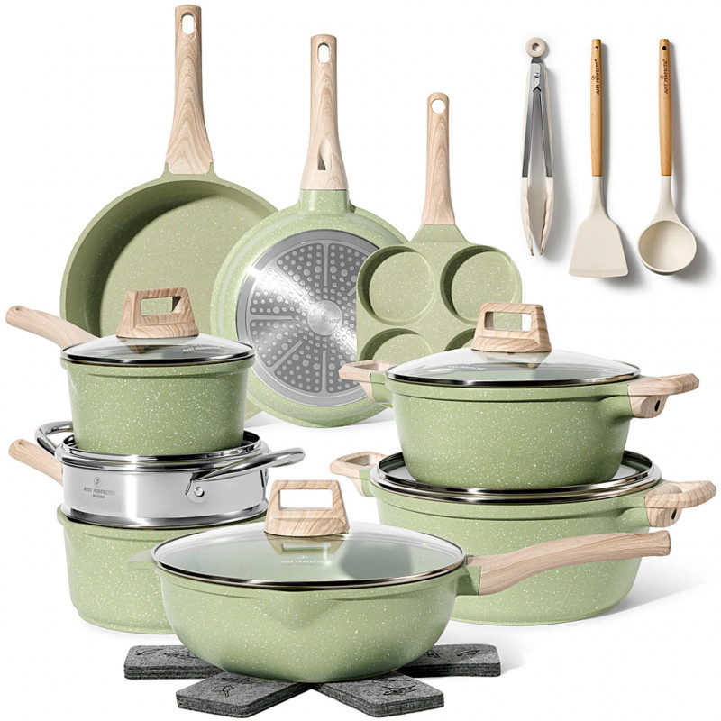Just Perfecto JL-723 Cookware Set, 21 cm, Cast Iron, Marble Coating, Induction Compatible, Steamer, Accessories, Green
