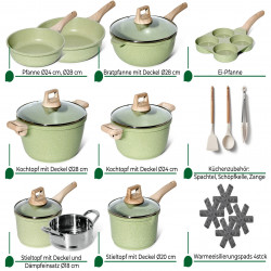 Just Perfecto JL-723 Cookware Set, 21 cm, Cast Iron, Marble Coating, Induction Compatible, Steamer, Accessories, Green