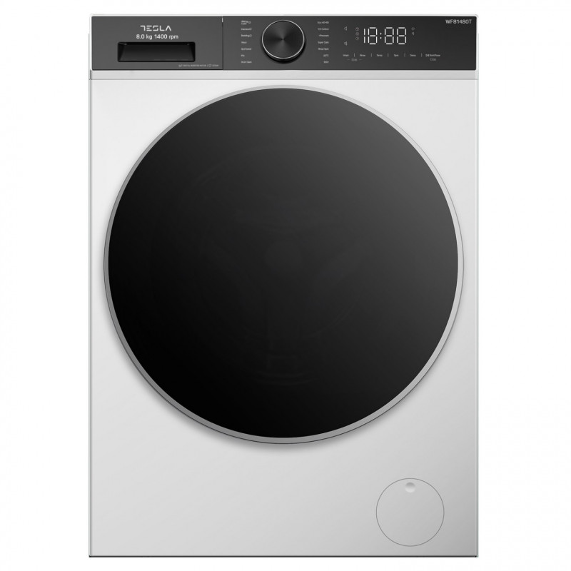 Пералня с предно зареждане Tesla WF81480T, 1900W, 8 кг, Инверторен мотор, Клас А, 14 програми, Бял/черен