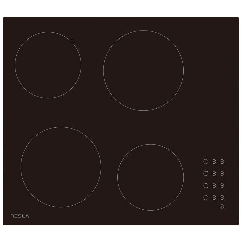 Tesla HV6402MB üvegkerámia főzőlap, 6600W, 9 fok, 4 zóna, időzítő, gyermekvédelem, maradékhő-jelző, fazettált perem, fekete színű
