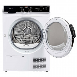 Uscator de rufe Tesla WT8H92M, 8 kg, 12 programe, Condensare cu pompa de caldura, LED, Protectie copii, Mod noapte, Alb/Negru