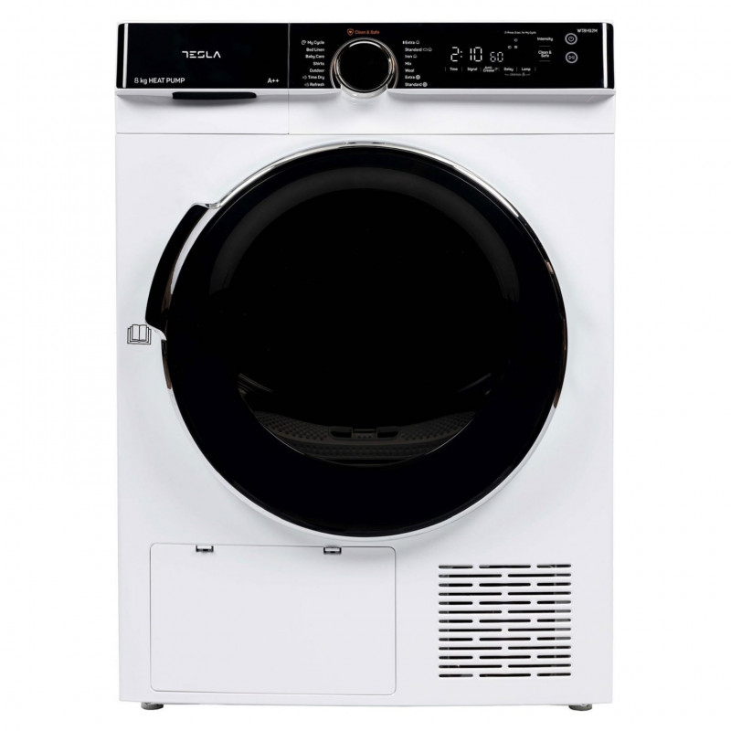 Uscator de rufe Tesla WT8H92M, 8 kg, 12 programe, Condensare cu pompa de caldura, LED, Protectie copii, Mod noapte, Alb/Negru