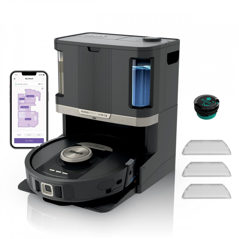 Aspirator robot Shark PowerDetect Max RV2800ZEEU, 650W, 0.3 L, 372 m², 360° LiDAR, Autonomie pana la 110 min, Detectare margini umede, Negru