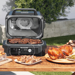 Електрически грил Ninja OG901EU, SMART, 1700W, 7 програми, 45х29 см, 260C, Керамична плоча, Woodfire технология, IPX4, Черен/син