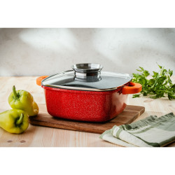Voltz V54323B28A Saucepan with Fat Dispenser, Granite Finish, 6.5 Liters, 28 cm, Induction, Red