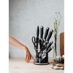 Set cutite Oliver Voltz OV51633K9S, 9 piese, Suport, Negru/Argintiu