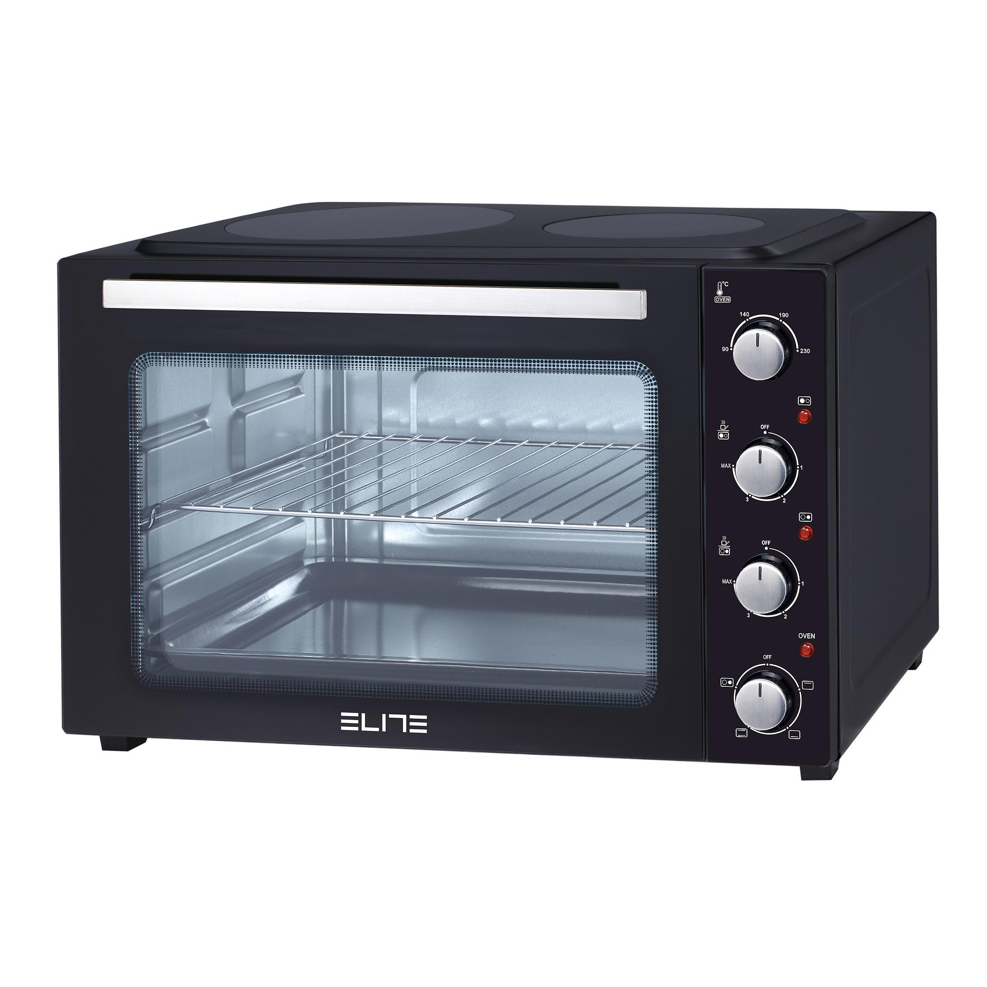 Готварска печка с керамичен плот Elite EMO-2511, 4300W, 48 л, 2 котлона, 4 нагревателя, От 90 до 230C, Таймер 30 мин, Черен