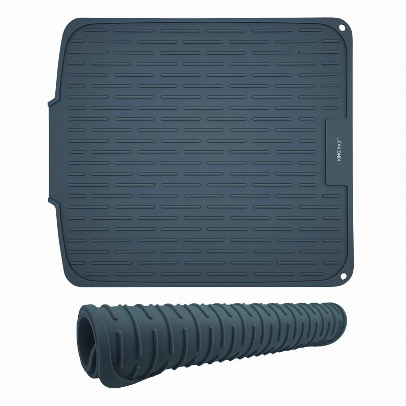 Силиконова подложка за сушене на съдове KH-1905, 46х40 см, Нехлъзгаща се повърхност, Ръб за оттичане, Навиваща се, Сив