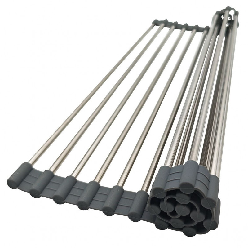 Постелка за сушене на съдове Kinghoff KH 1903, 45х32 см, Устойчива на корозия, Силиконви краища, Неплъзгаща се, Сгъваема, Инокс/сив
