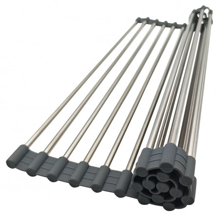 Uscator pentru vase pliabil Kinghoff KH 1903, 45x32 cm, Rezistent la coroziune, Margini din silicon, Antiderapant, Pliabil, Inox/gri