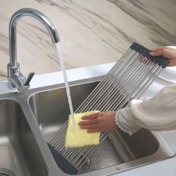 Uscator pentru vase pliabil Kinghoff KH 1903, 45x32 cm, Rezistent la coroziune, Margini din silicon, Antiderapant, Pliabil, Inox/gri