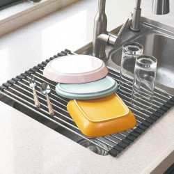 Uscator pentru vase pliabil Kinghoff KH 1903, 45x32 cm, Rezistent la coroziune, Margini din silicon, Antiderapant, Pliabil, Inox/gri