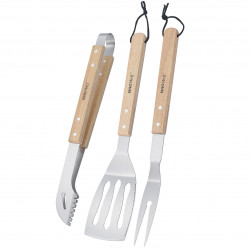 Kinghoff KH 1918 3-Piece BBQ Set, Spatula, Tongs, Skewer, Wooden Handles, Hanging Loops, Stainless Steel/Brown