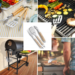 Set 3 ustensile BBQ Kinghoff KH 1918, Spatula, Spatula, Furculita, Manere din lemn, Orificiu pentru agatat, Inox / Maro