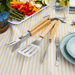 Set 3 ustensile BBQ Kinghoff KH 1918, Spatula, Spatula, Furculita, Manere din lemn, Orificiu pentru agatat, Inox / Maro