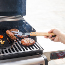 Kinghoff KH 1918 3-Piece BBQ Set, Spatula, Tongs, Skewer, Wooden Handles, Hanging Loops, Stainless Steel/Brown