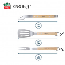 Set 3 ustensile BBQ Kinghoff KH 1918, Spatula, Spatula, Furculita, Manere din lemn, Orificiu pentru agatat, Inox / Maro