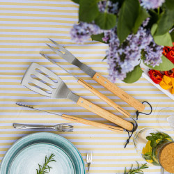 Kinghoff KH 1918 3-Piece BBQ Set, Spatula, Tongs, Skewer, Wooden Handles, Hanging Loops, Stainless Steel/Brown