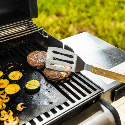 Kinghoff KH 1918 3-Piece BBQ Set, Spatula, Tongs, Skewer, Wooden Handles, Hanging Loops, Stainless Steel/Brown