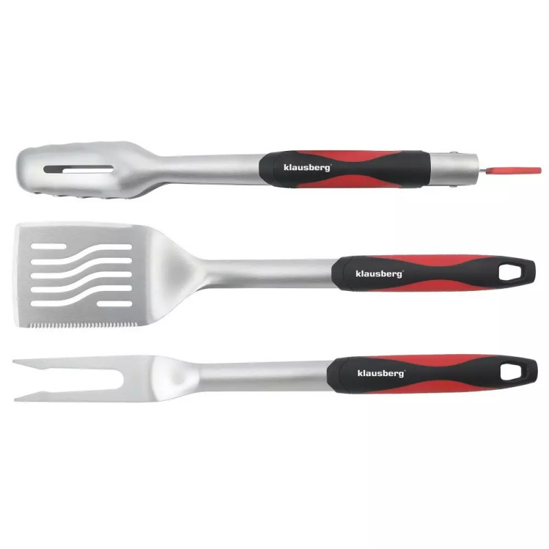 Klausberg KB 7899 3-Piece BBQ Set: Tongs, Fork, Spatula, Hanging Loop, Stainless Steel, Black/Red