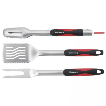 Klausberg KB 7899 3-Piece BBQ Set: Tongs, Fork, Spatula, Hanging Loop, Stainless Steel, Black/Red
