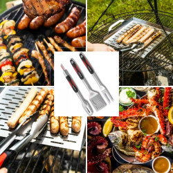 Klausberg KB 7899 3-Piece BBQ Set: Tongs, Fork, Spatula, Hanging Loop, Stainless Steel, Black/Red