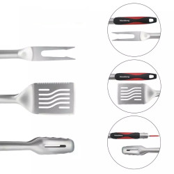 Set 3 ustensile pentru gratar Klausberg BBQ KB 7899, Cleste, Furculita, Spatula, Orificiu de agatat, Otel inoxidabil, Negru/Rosu