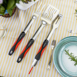 Set 3 ustensile pentru gratar Klausberg BBQ KB 7899, Cleste, Furculita, Spatula, Orificiu de agatat, Otel inoxidabil, Negru/Rosu